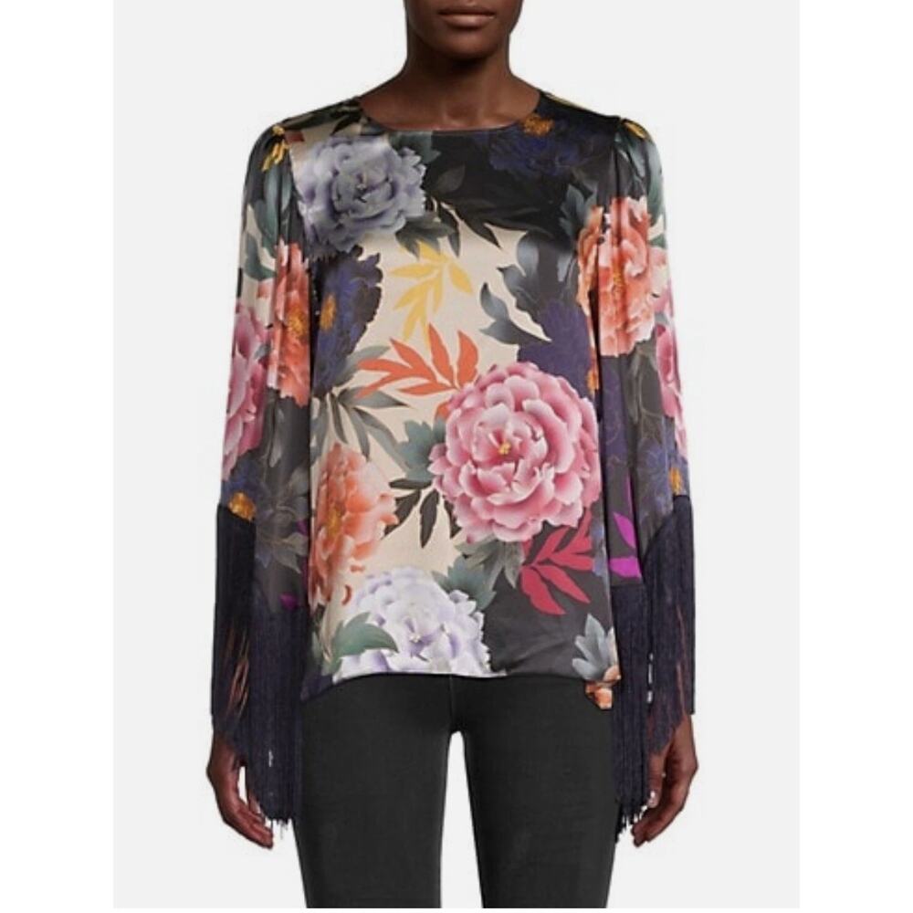 KOBI HALPERIN | Floral Silk Blouse with Long Fringe Bell Sleeves | Large